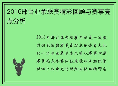 2016邢台业余联赛精彩回顾与赛事亮点分析