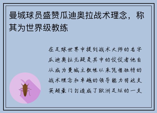 曼城球员盛赞瓜迪奥拉战术理念，称其为世界级教练