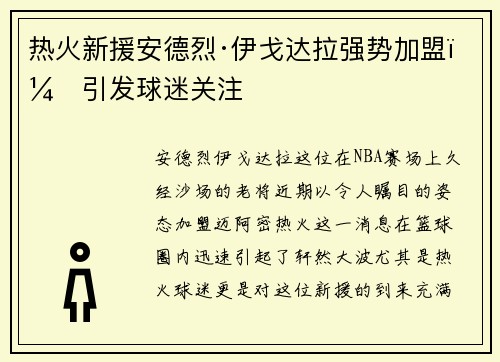 热火新援安德烈·伊戈达拉强势加盟，引发球迷关注